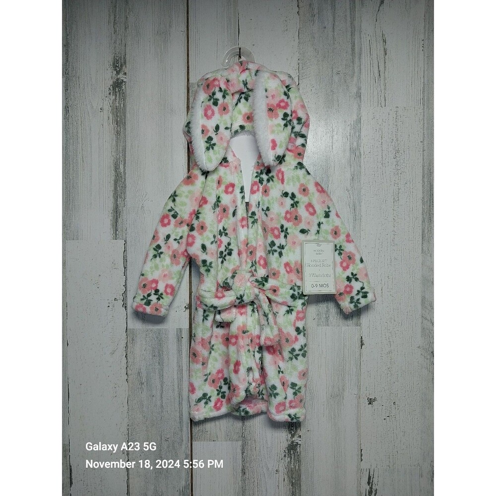 Modern Baby Pink Floral Bunny Ears Robe Size 0 To 9 Months